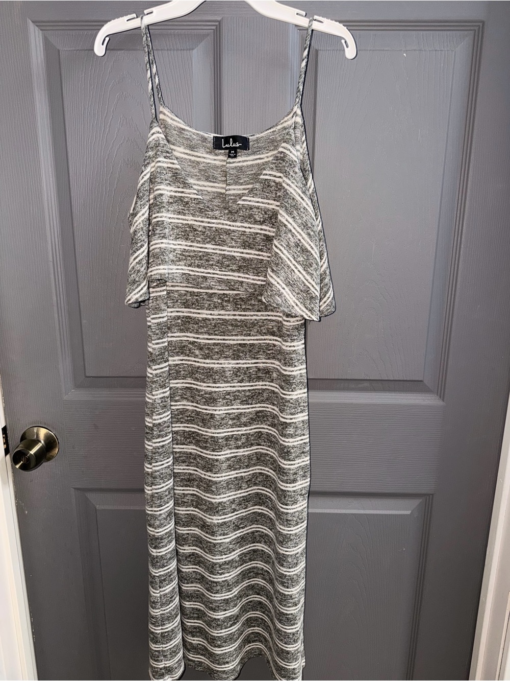 Lulu's Gray & White Striped Cold-Shoulder Maxi Dress with Spaghetti Straps